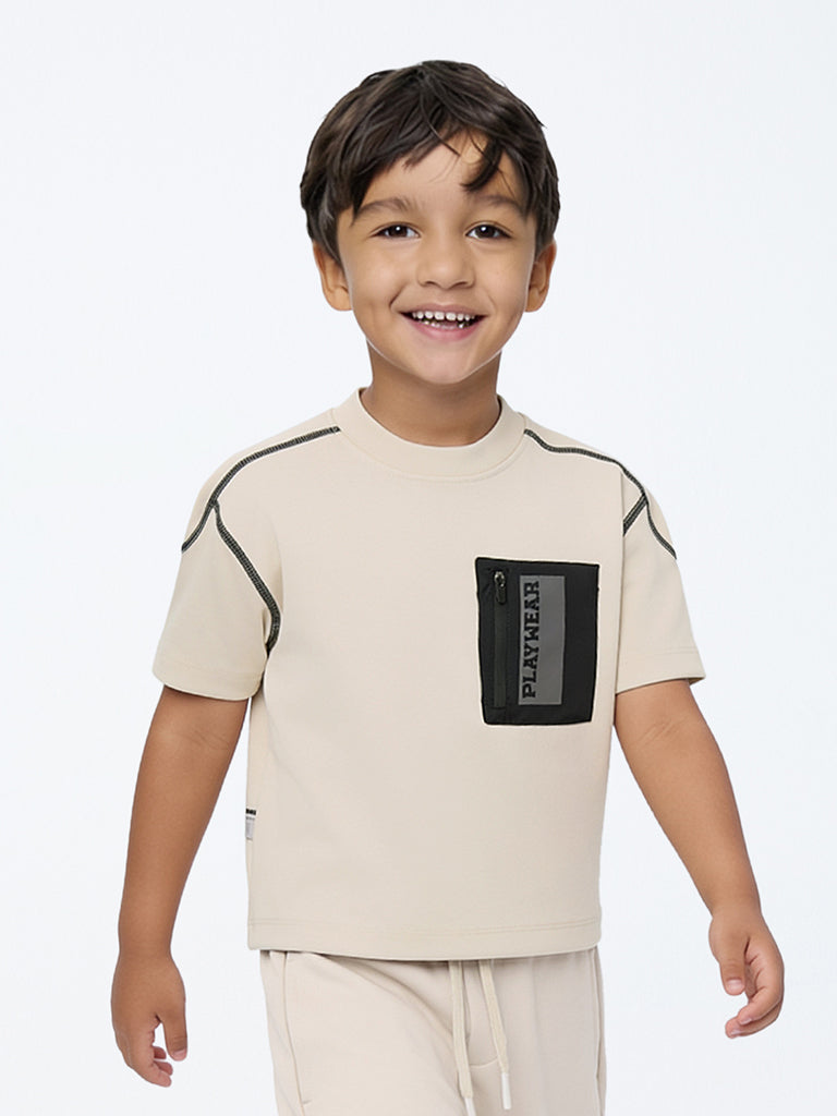 HOP Kids Boys Beige Pocket-Detailed T-Shirt