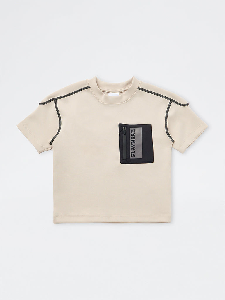 HOP Kids Boys Beige Pocket-Detailed T-Shirt