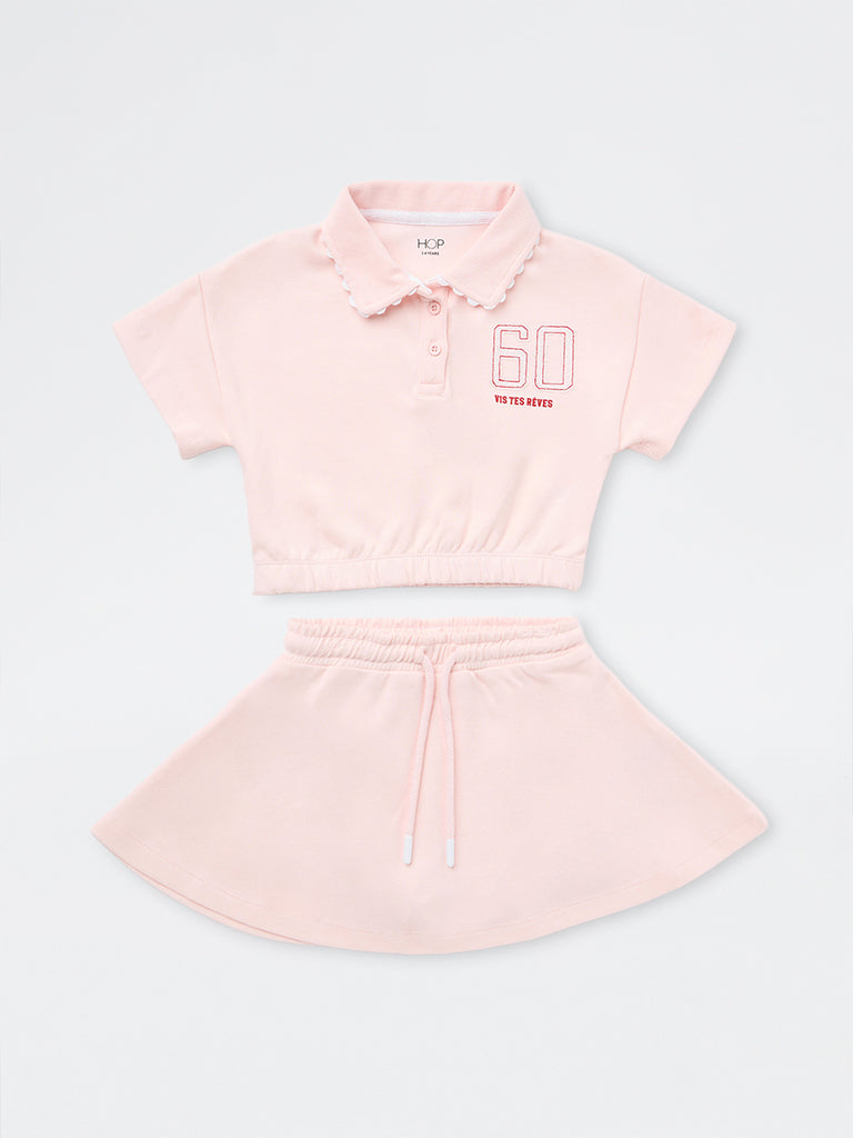 HOP Kids Girls Light Pink Cotton-Blend Polo T-Shirt and Skirt Set