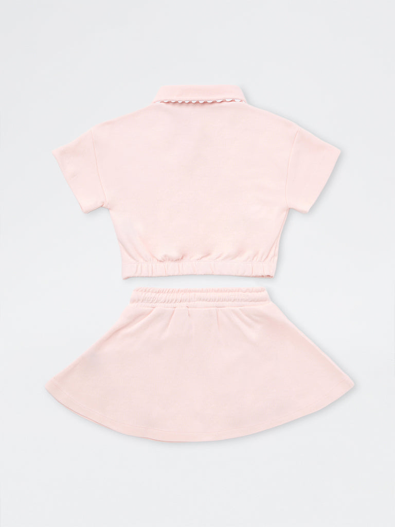 HOP Kids Girls Light Pink Cotton-Blend Polo T-Shirt and Skirt Set