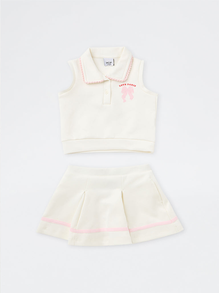 HOP Kids Girls White Bow-Detail Polo Top and Skirt Set