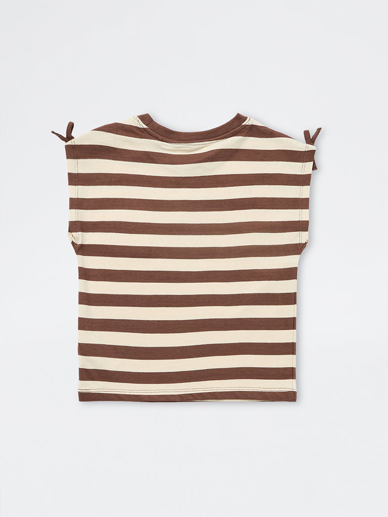 HOP Kids Girls Dark Brown Striped Cotton Top