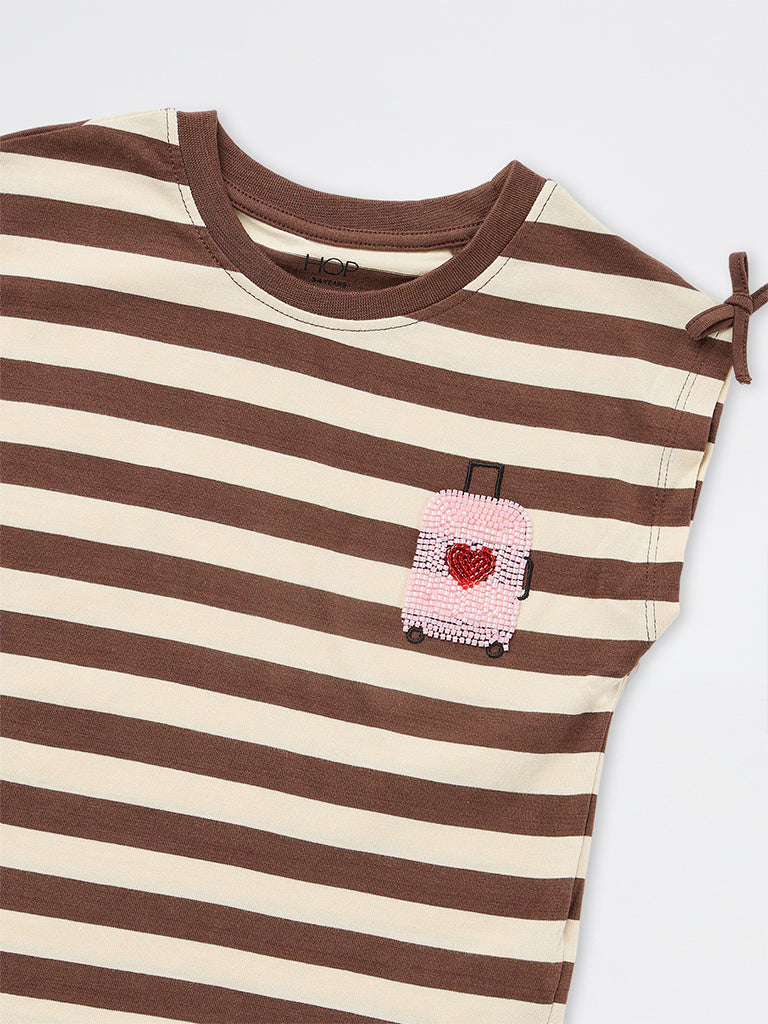 HOP Kids Girls Dark Brown Striped Cotton Top