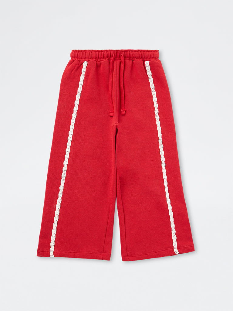 HOP Kids Girls Red Lace Detailed High-Rise Wide-Leg Cotton Trousers