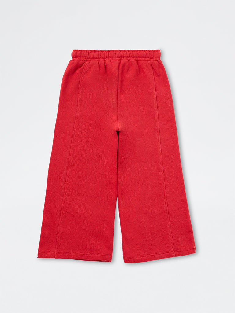 HOP Kids Girls Red Lace Detailed High-Rise Wide-Leg Cotton Trousers