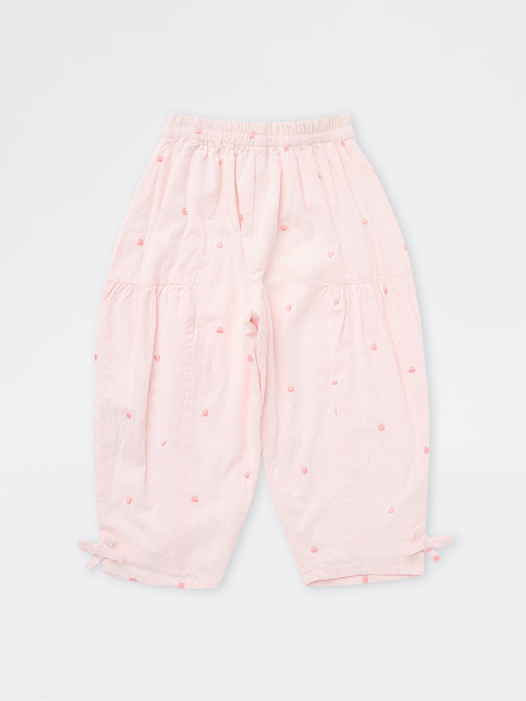 HOP Kids Girls Pink Heart Embroidered High-Rise Cotton Pants