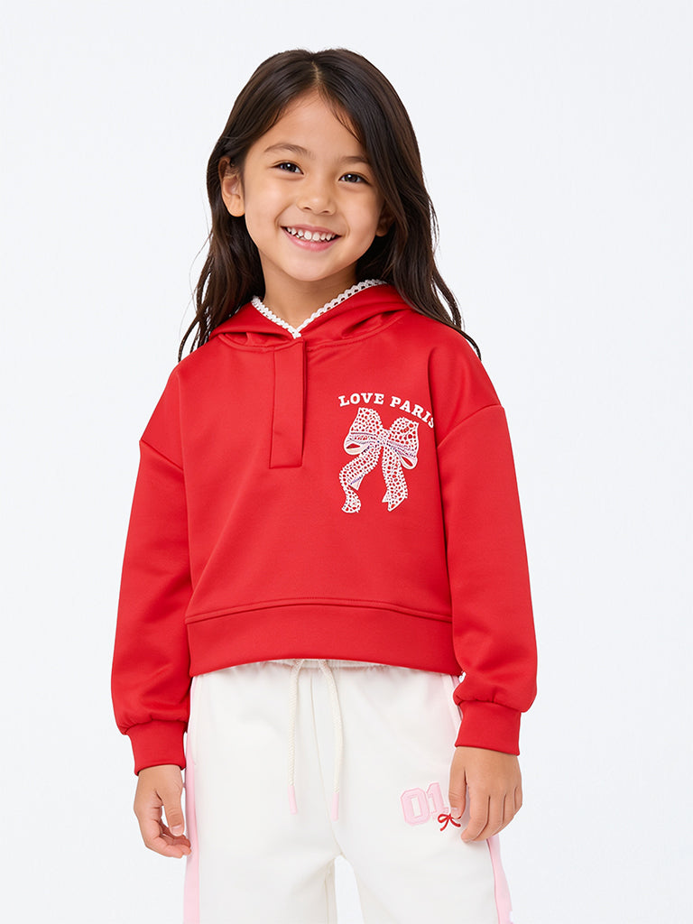 HOP Kids Girls Red Printed Hooded Sweatshirt