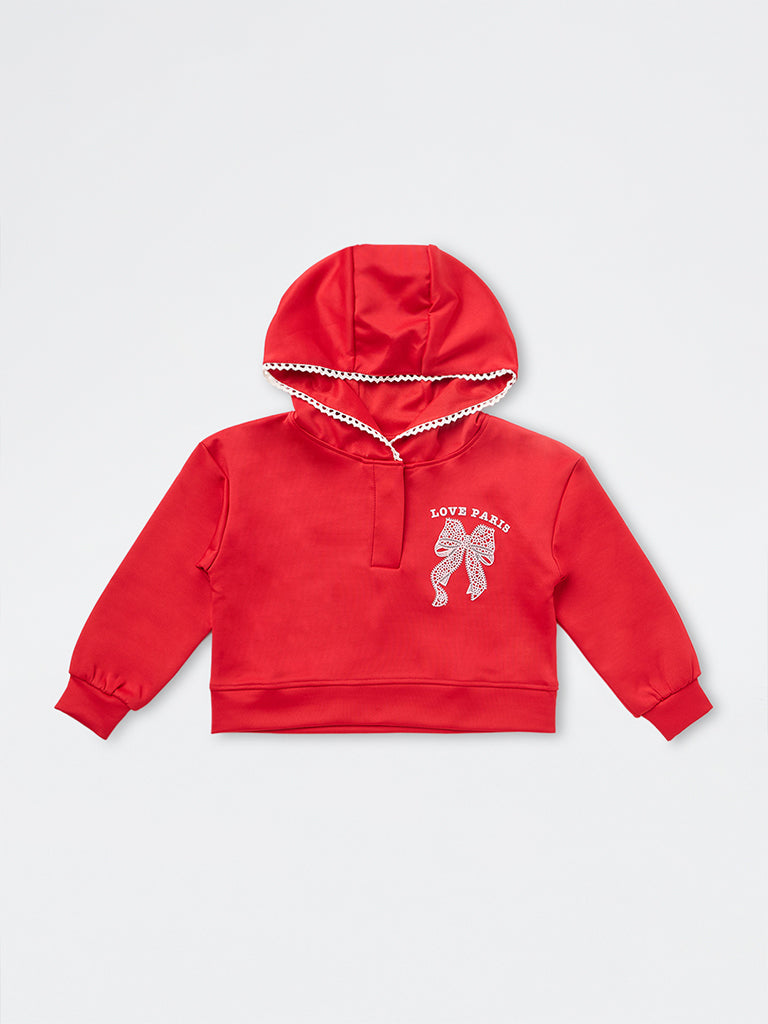 HOP Kids Girls Red Printed Hooded Sweatshirt