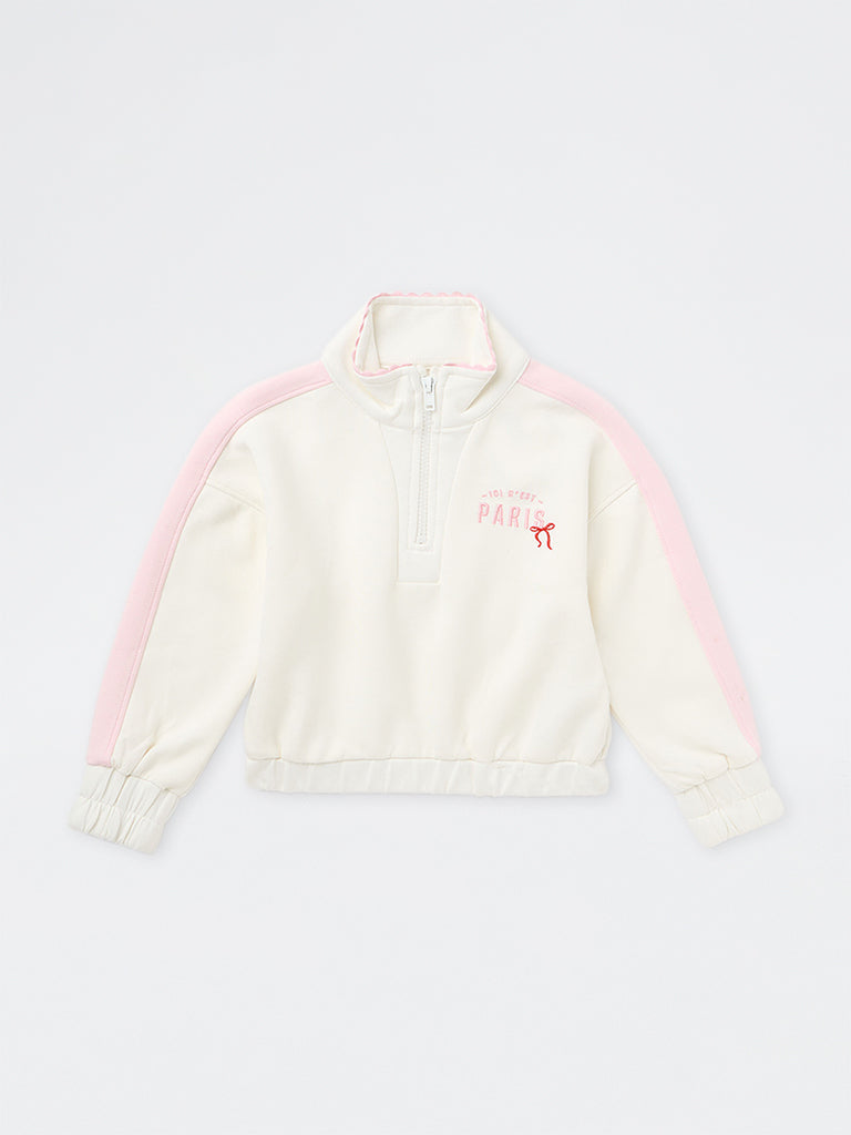 HOP Kids Girls Off-White Typographic Quarter-Zip Sweatshirt