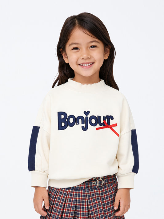 HOP Kids Girls Off-White Text Embroidered Cotton-Blend Sweatshirt