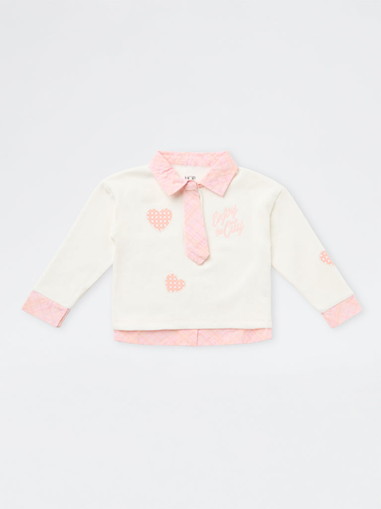 HOP Kids Girls Off-White Printed Collared Cotton-Blend Sweatshirt