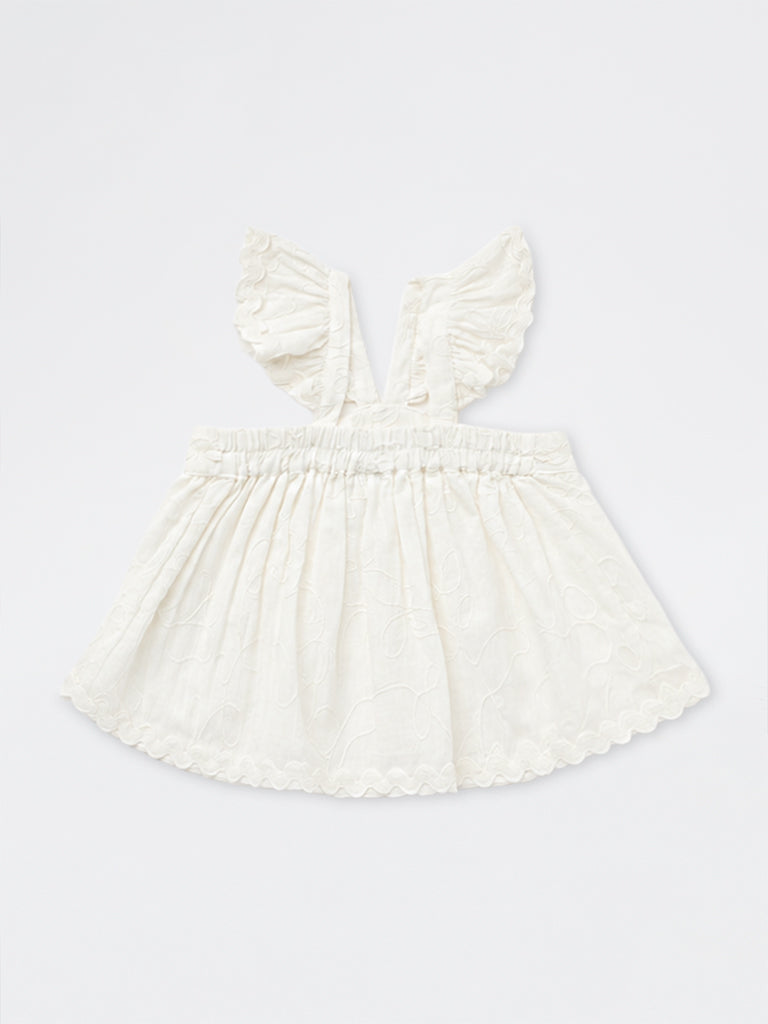 HOP Kids Girls Off-White Floral Embroidered Ruffled Cotton Top