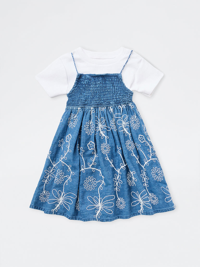 HOP Kids Girls Blue Floral Embroidered Denim Dress with T-Shirt Set