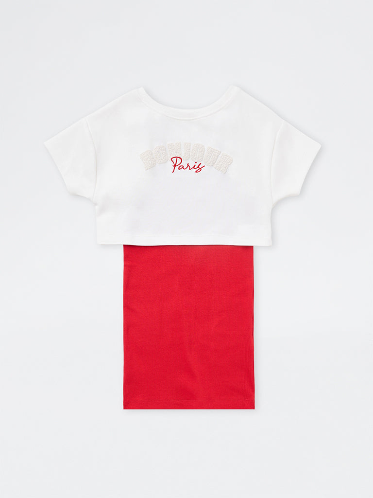 HOP Kids Girls Red Solid Straight Cotton-Blend Dress with T-Shirt Set