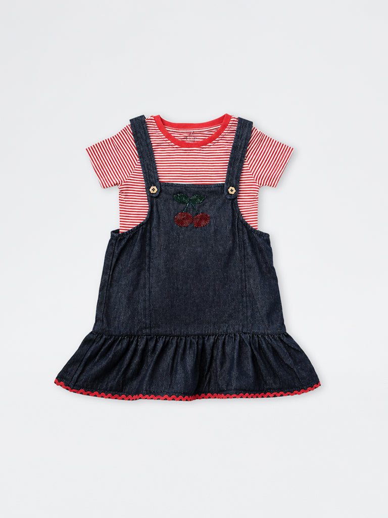 HOP Kids Girls Dark Blue Embellished Denim Pinafore and Striped T-Shirt Set