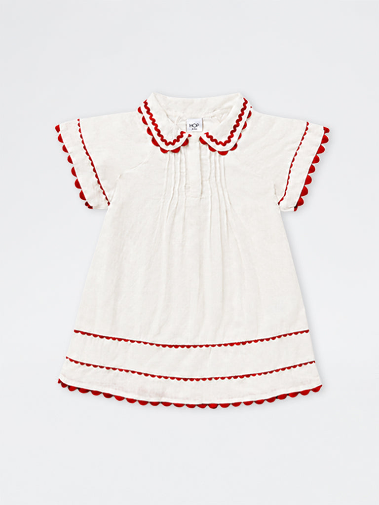 HOP Kids Girls Off-White Scallop-Detail Cotton A-Line Dress