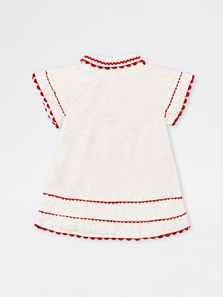 HOP Kids Girls Off-White Scallop-Detail Cotton A-Line Dress