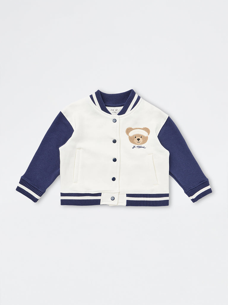 HOP Kids Girls Off-White Bear Embroidered Cotton-Blend Varsity Jacket