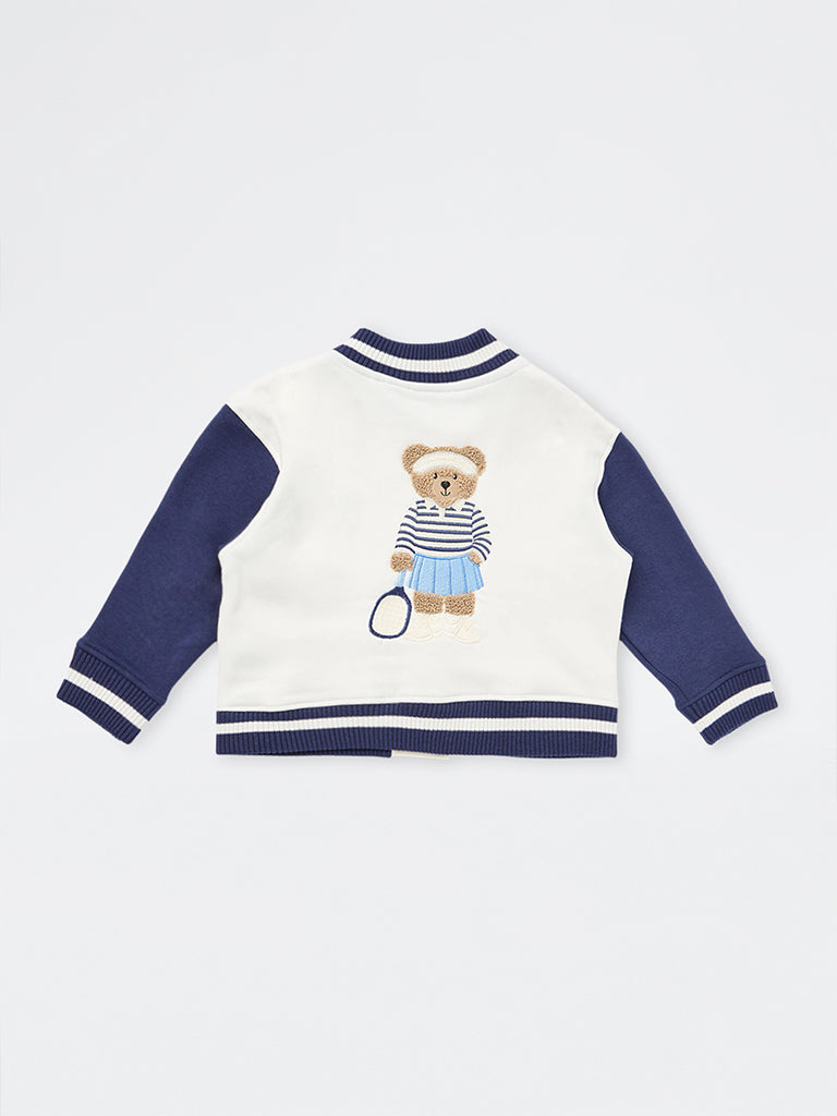 HOP Kids Girls Off-White Bear Embroidered Cotton-Blend Varsity Jacket