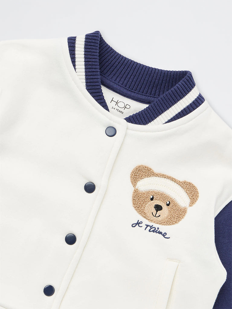HOP Kids Girls Off-White Bear Embroidered Cotton-Blend Varsity Jacket