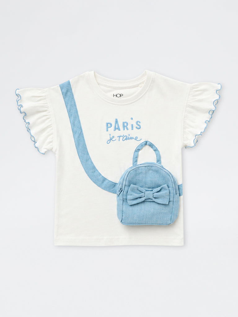 HOP Kids Girls Off-White Text Embroidered Sling-Bag Style Cotton Top