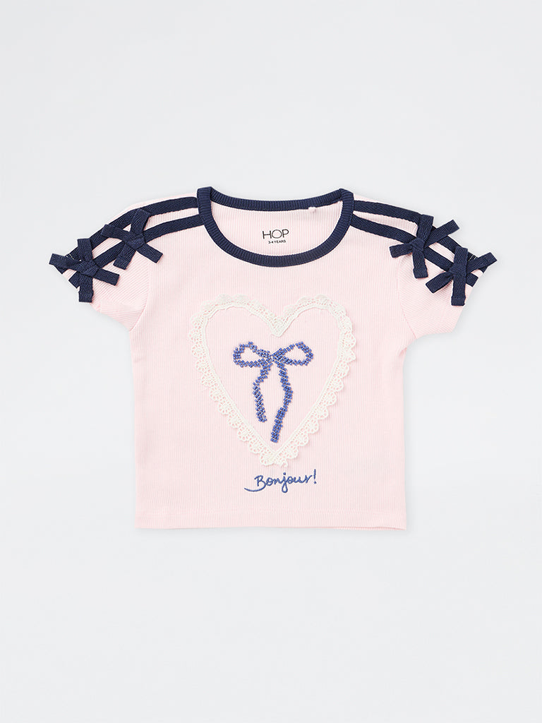 HOP Kids Girls Pink Bow-Detailed Ribbed Cotton-Blend T-Shirt