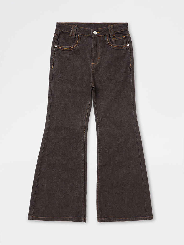Girls Dark Brown High-Rise Bootcut Jeans