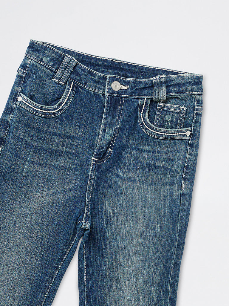Girls Dark Blue Washed High-Rise Bootcut Jeans