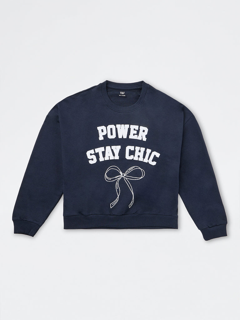 Girls Navy Text Embroidered Cotton Sweatshirt