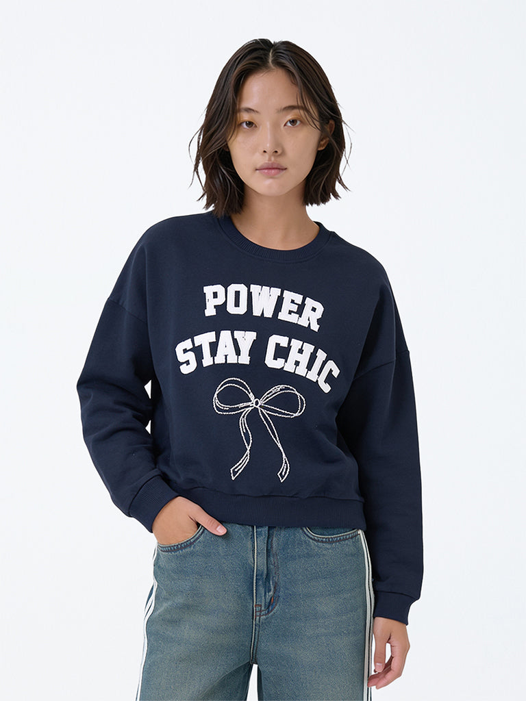 Girls Navy Text Embroidered Cotton Sweatshirt
