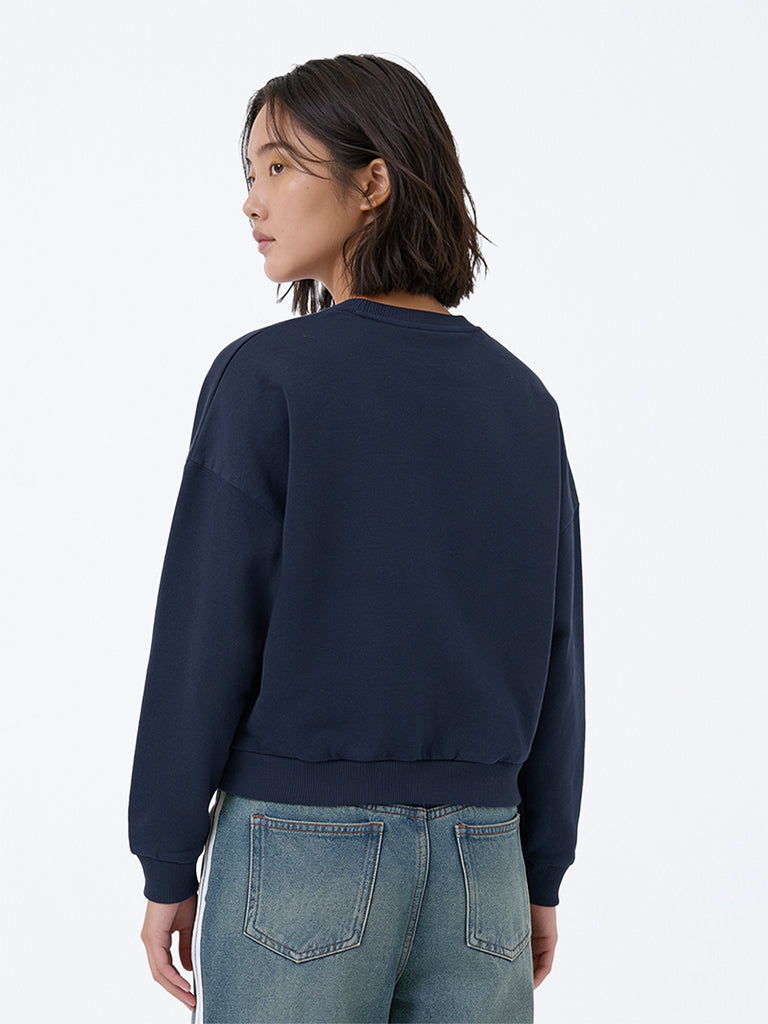 Girls Navy Text Embroidered Cotton Sweatshirt