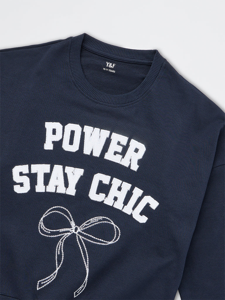 Girls Navy Text Embroidered Cotton Sweatshirt
