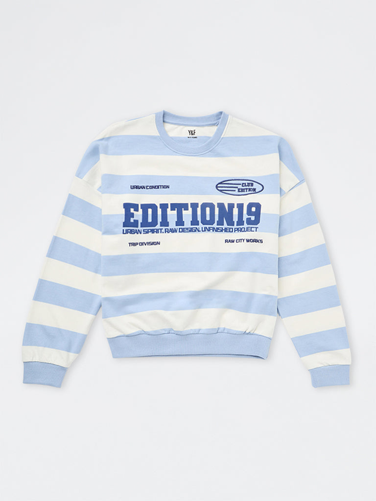 Girls Light Blue Stripe Printed Cotton Sweatshirt