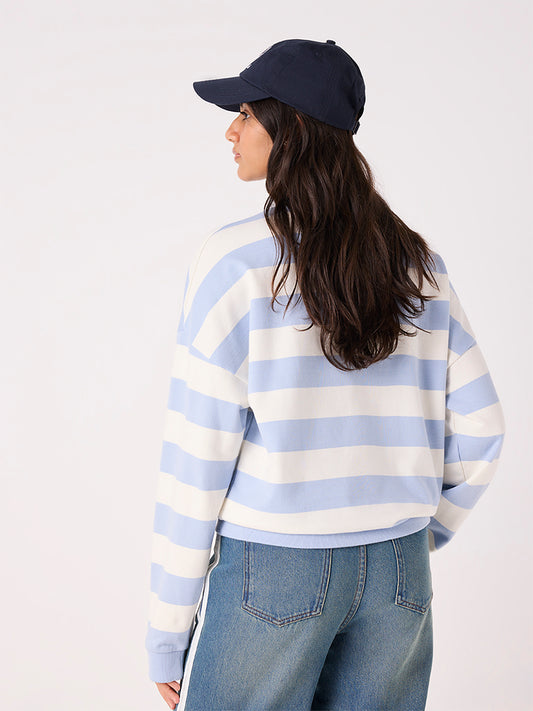 Girls Light Blue Stripe Printed Cotton Sweatshirt
