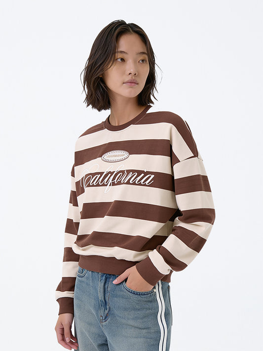 Girls Brown Stripe Printed Cotton Sweatshirt