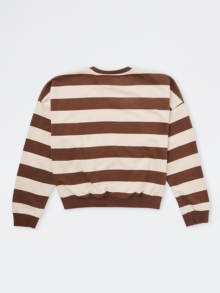 Girls Brown Stripe Printed Cotton Sweatshirt