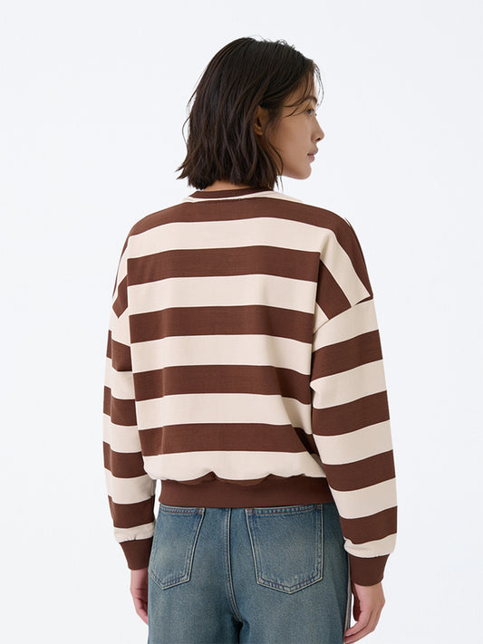 Girls Brown Stripe Printed Cotton Sweatshirt