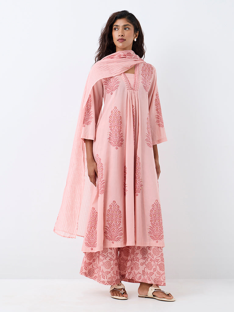 Zuba Light Pink Floral Printed Cotton-Blend Dupatta
