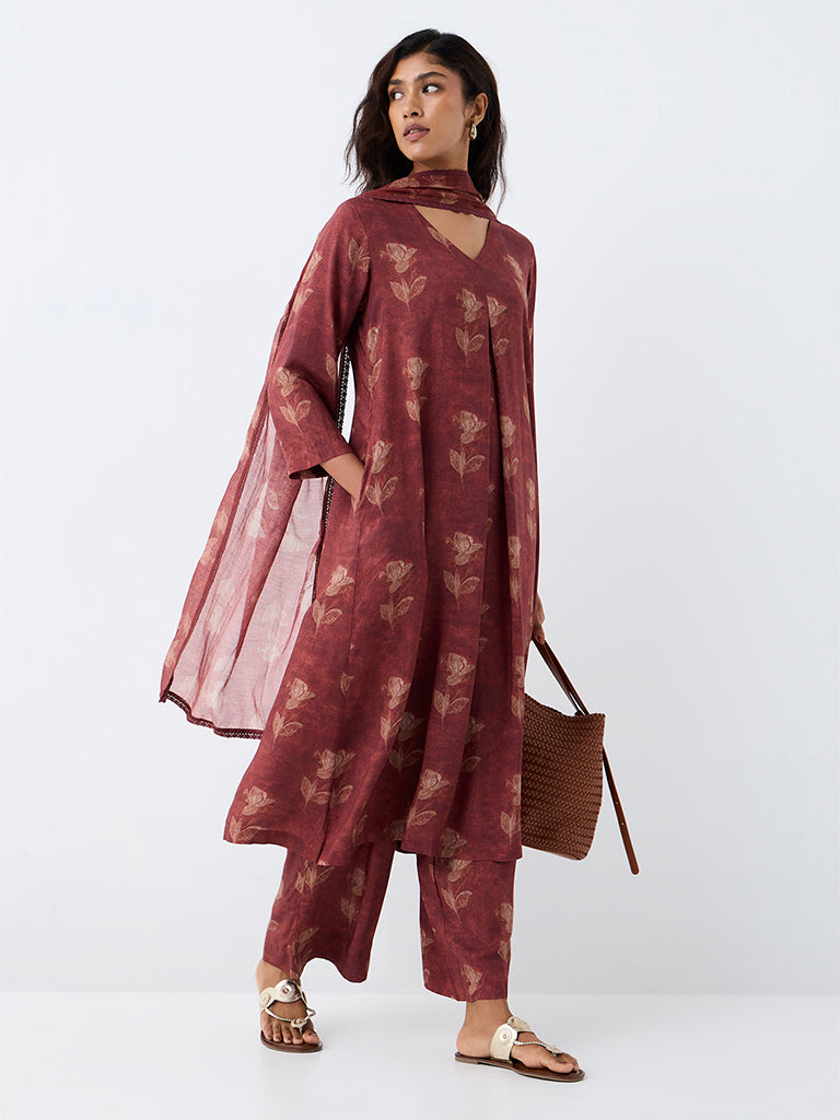 Zuba Rust Floral Printed Cotton-Blend Dupatta
