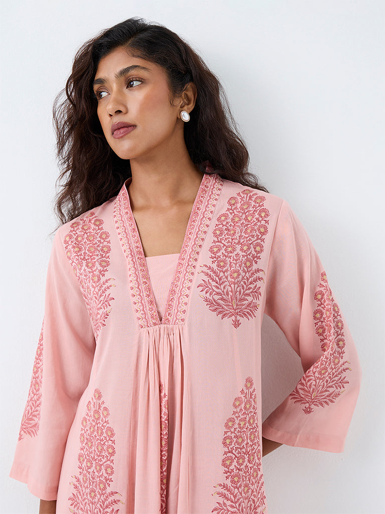 Zuba Light Pink Floral Printed A-Line Kurta
