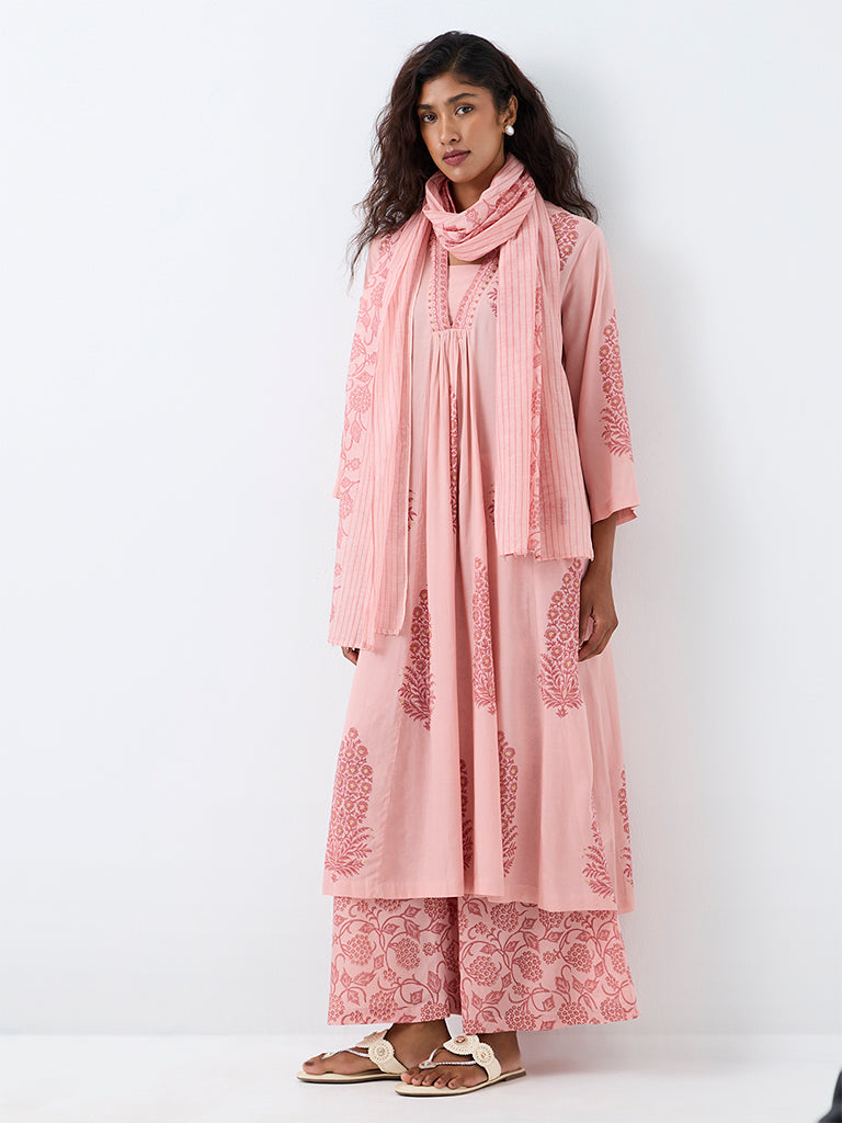 Zuba Light Pink Floral Printed A-Line Kurta