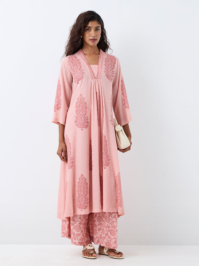 Zuba Light Pink Floral Printed A-Line Kurta