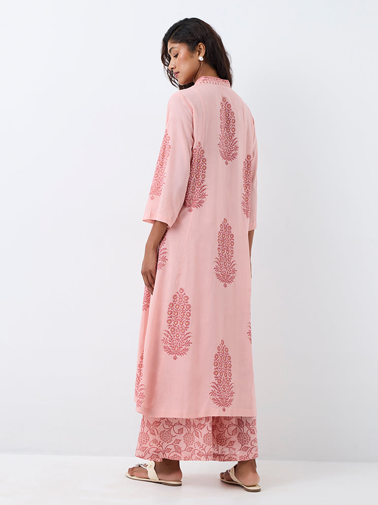 Zuba Light Pink Floral Printed A-Line Kurta