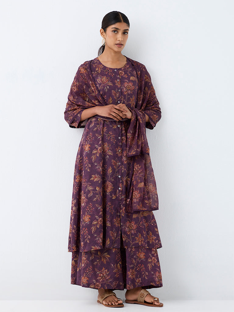 Zuba Violet Floral Pattern A-Line Kurta