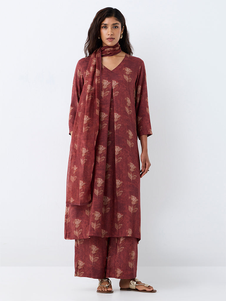 Zuba Rust Floral Design A-Line Kurta