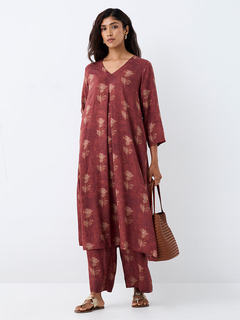 Zuba Rust Floral Design A-Line Kurta