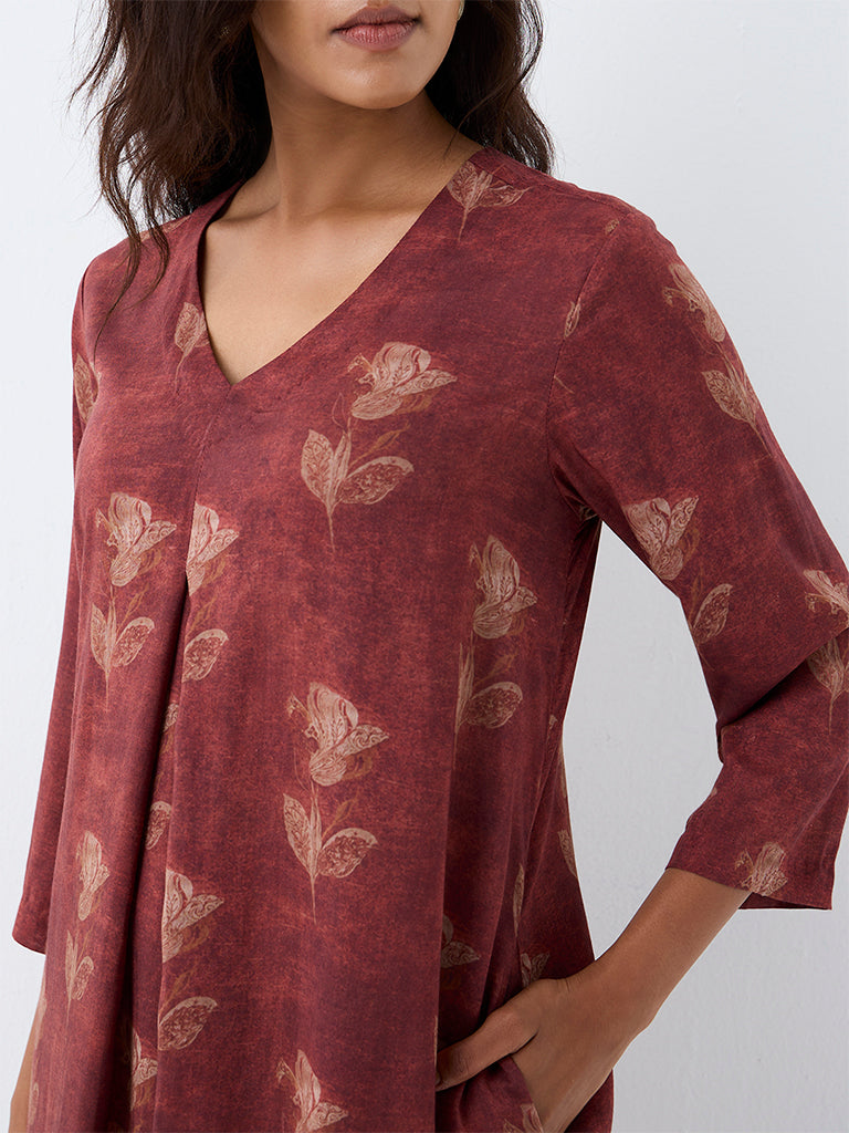 Zuba Rust Floral Design A-Line Kurta