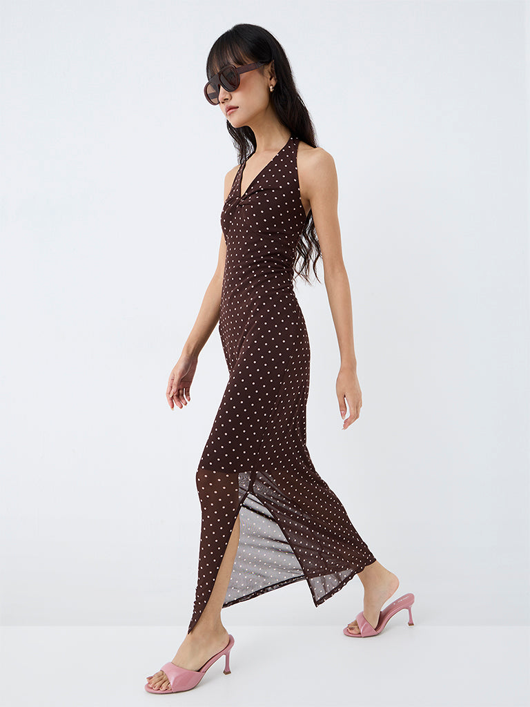Nuon Dark Brown Polka Dotted Maxi Dress