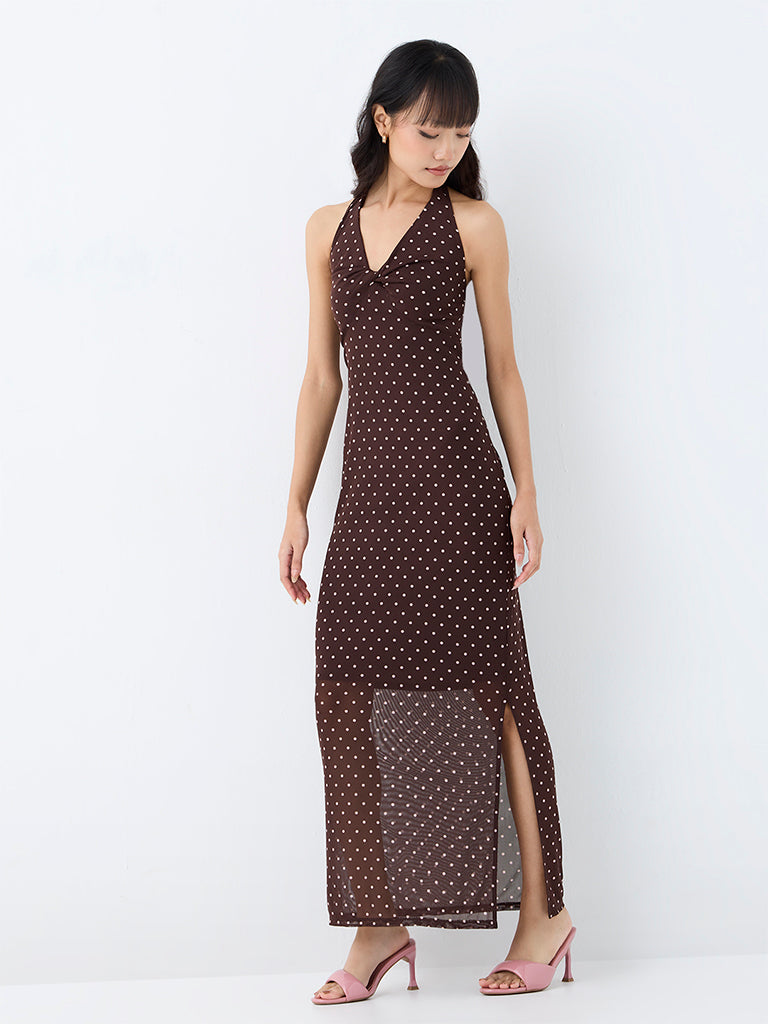 Nuon Dark Brown Polka Dotted Maxi Dress