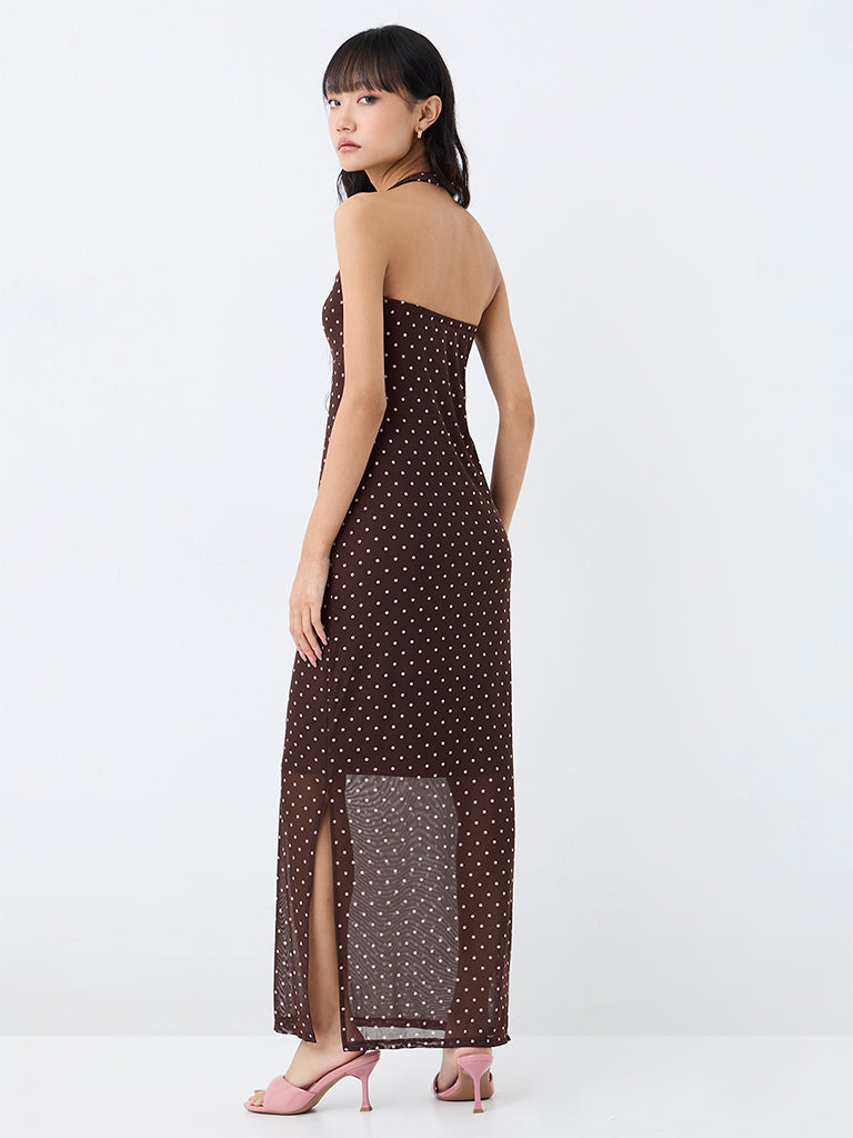 Nuon Dark Brown Polka Dotted Maxi Dress
